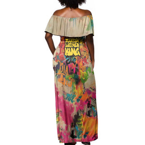 Martin Luther King Graffiti Afro Off Shoulder Maxi Dress Colorful Spray Paint Quotes and Crown - African Pride