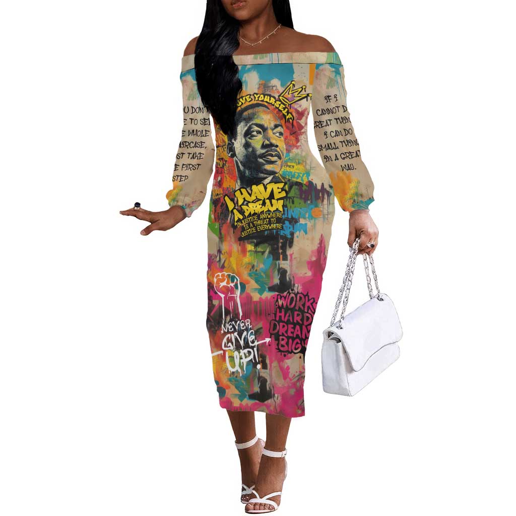 Martin Luther King Graffiti Afro Off The Shoulder Long Sleeve Dress Colorful Spray Paint Quotes and Crown - African Pride