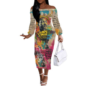 Martin Luther King Graffiti Afro Off The Shoulder Long Sleeve Dress Colorful Spray Paint Quotes and Crown - African Pride