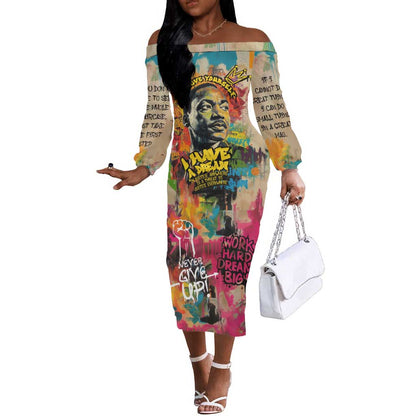 Martin Luther King Graffiti Afro Off The Shoulder Long Sleeve Dress Colorful Spray Paint Quotes and Crown - African Pride