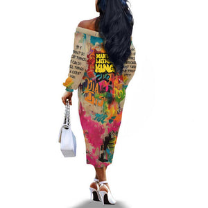 Martin Luther King Graffiti Afro Off The Shoulder Long Sleeve Dress Colorful Spray Paint Quotes and Crown - African Pride