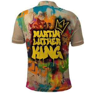 Martin Luther King Graffiti Afro Polo Shirt Colorful Spray Paint Quotes and Crown - African Pride