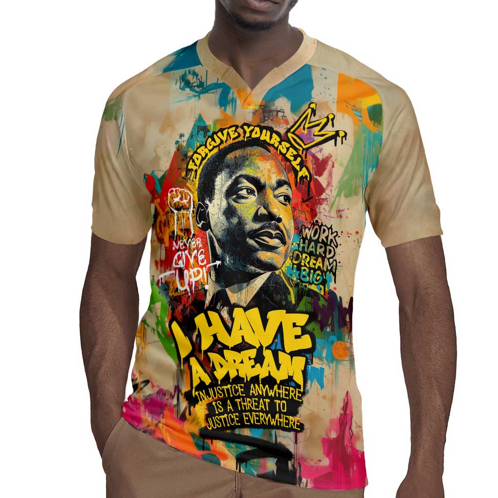 Martin Luther King Graffiti Afro Rugby Jersey Colorful Spray Paint Quotes and Crown - African Pride
