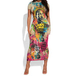Martin Luther King Graffiti Afro Short Sleeve Bodycon Dress Colorful Spray Paint Quotes and Crown - African Pride