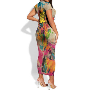 Martin Luther King Graffiti Afro Short Sleeve Bodycon Dress Colorful Spray Paint Quotes and Crown - African Pride