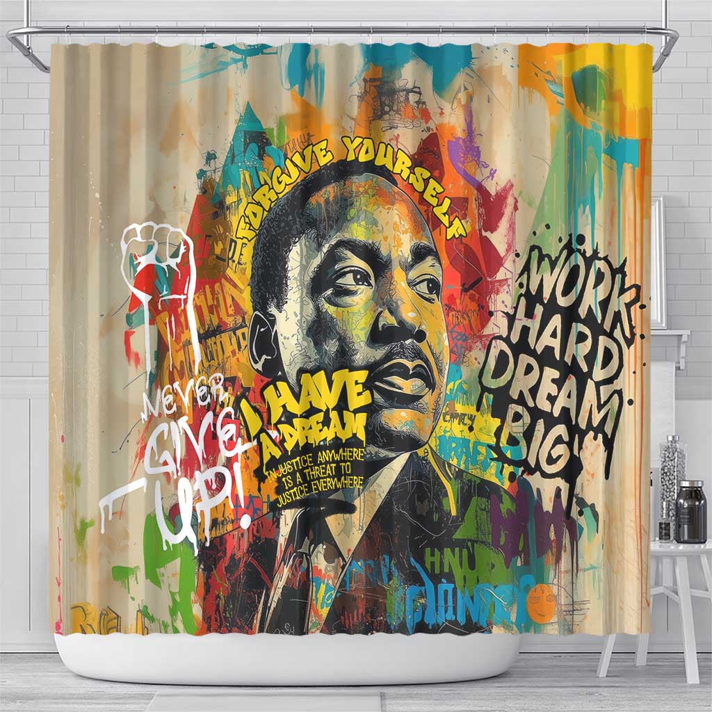 Martin Luther King Graffiti Afro Shower Curtain Colorful Spray Paint Quotes and Crown - African Pride