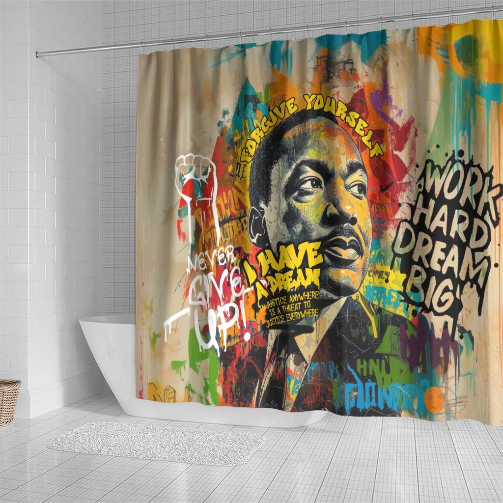 Martin Luther King Graffiti Afro Shower Curtain Colorful Spray Paint Quotes and Crown - African Pride