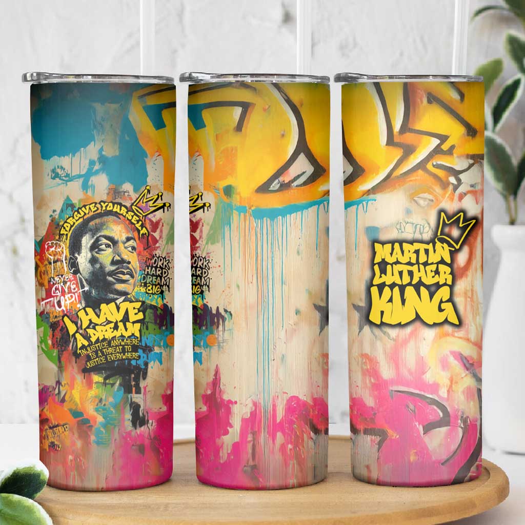 Martin Luther King Graffiti Afro Skinny Tumbler Colorful Spray Paint Quotes and Crown - African Pride