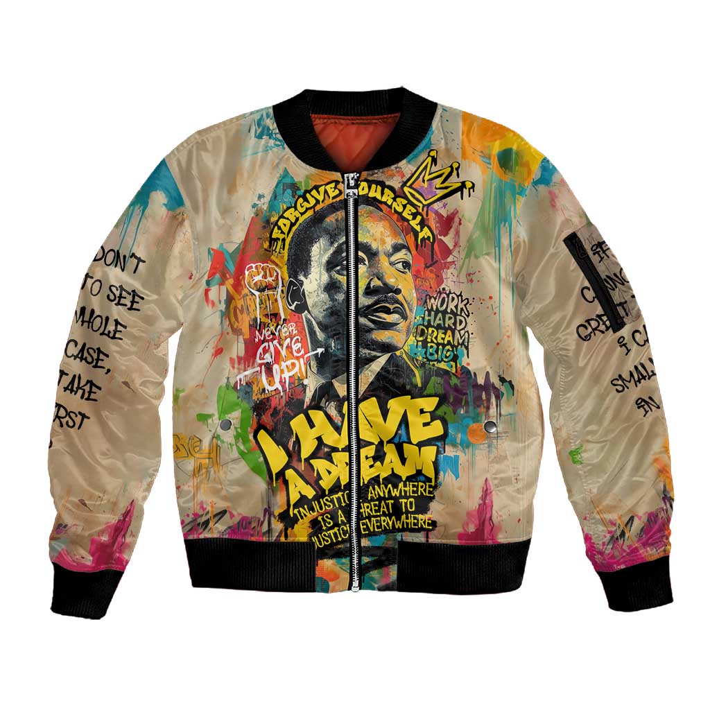 Martin Luther King Graffiti Afro Sleeve Zip Bomber Jacket Colorful Spray Paint Quotes and Crown - African Pride