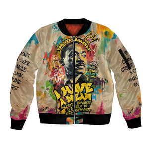 Martin Luther King Graffiti Afro Sleeve Zip Bomber Jacket Colorful Spray Paint Quotes and Crown - African Pride