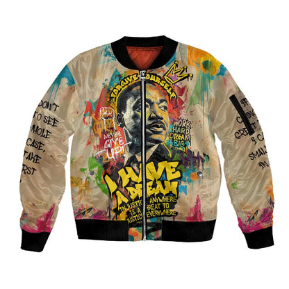 Martin Luther King Graffiti Afro Sleeve Zip Bomber Jacket Colorful Spray Paint Quotes and Crown - African Pride