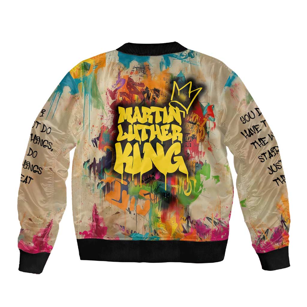 Martin Luther King Graffiti Afro Sleeve Zip Bomber Jacket Colorful Spray Paint Quotes and Crown - African Pride