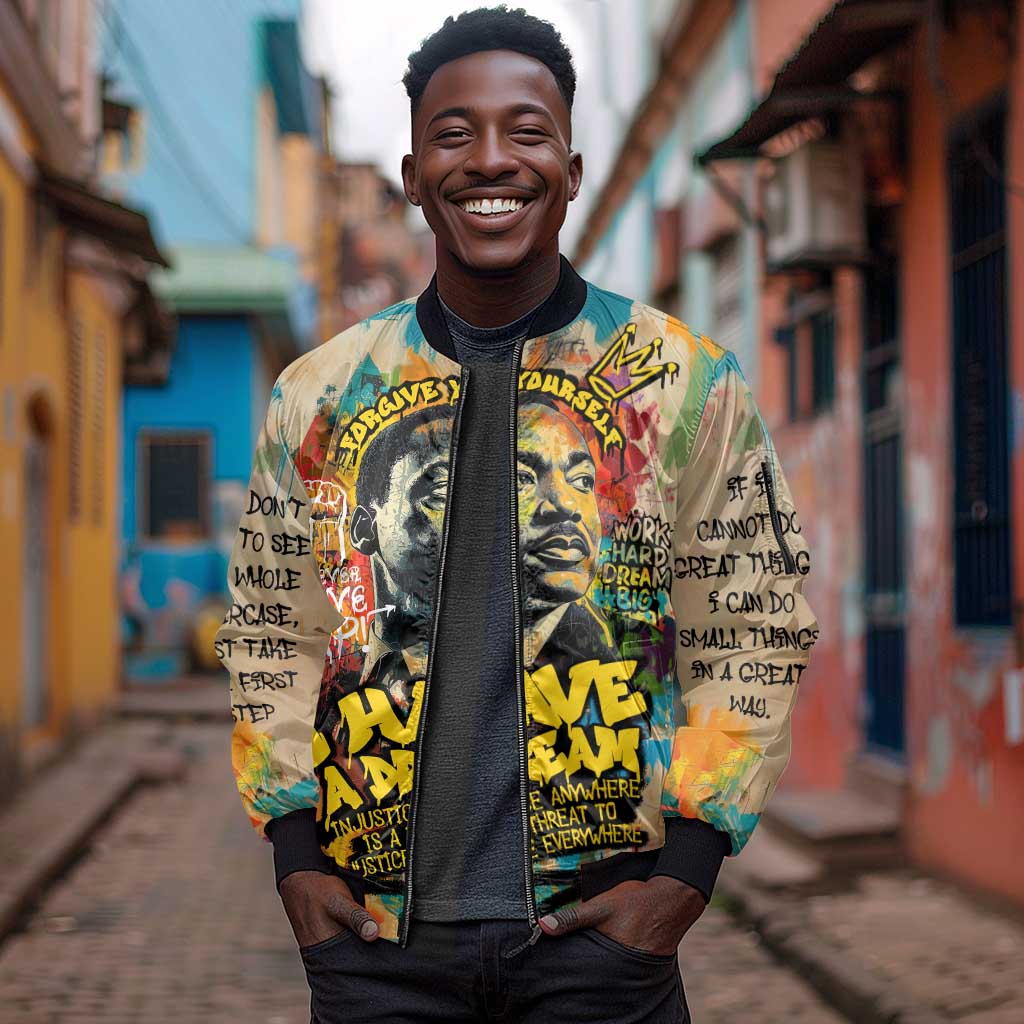 Martin Luther King Graffiti Afro Sleeve Zip Bomber Jacket Colorful Spray Paint Quotes and Crown - African Pride