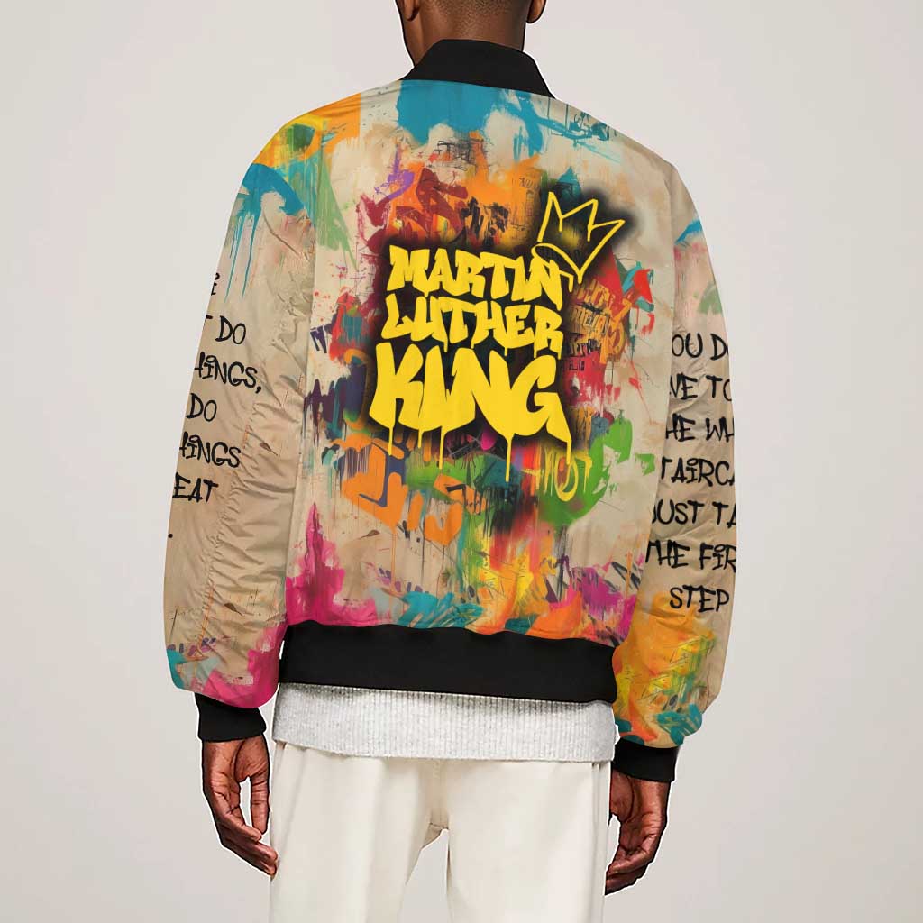 Martin Luther King Graffiti Afro Sleeve Zip Bomber Jacket Colorful Spray Paint Quotes and Crown - African Pride