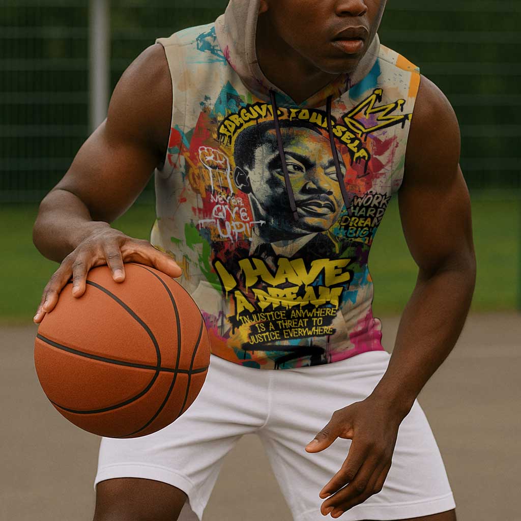 Martin Luther King Graffiti Afro Sleeveless Hoodie Colorful Spray Paint Quotes and Crown - African Pride