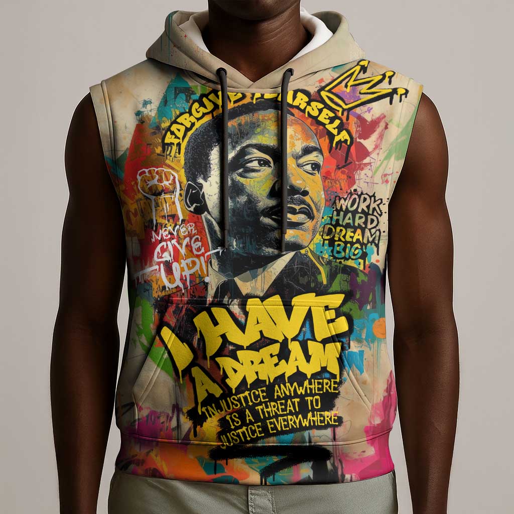 Martin Luther King Graffiti Afro Sleeveless Hoodie Colorful Spray Paint Quotes and Crown - African Pride