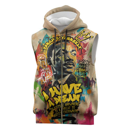 Martin Luther King Graffiti Afro Sleeveless Zip Hoodie Colorful Spray Paint Quotes and Crown - African Pride