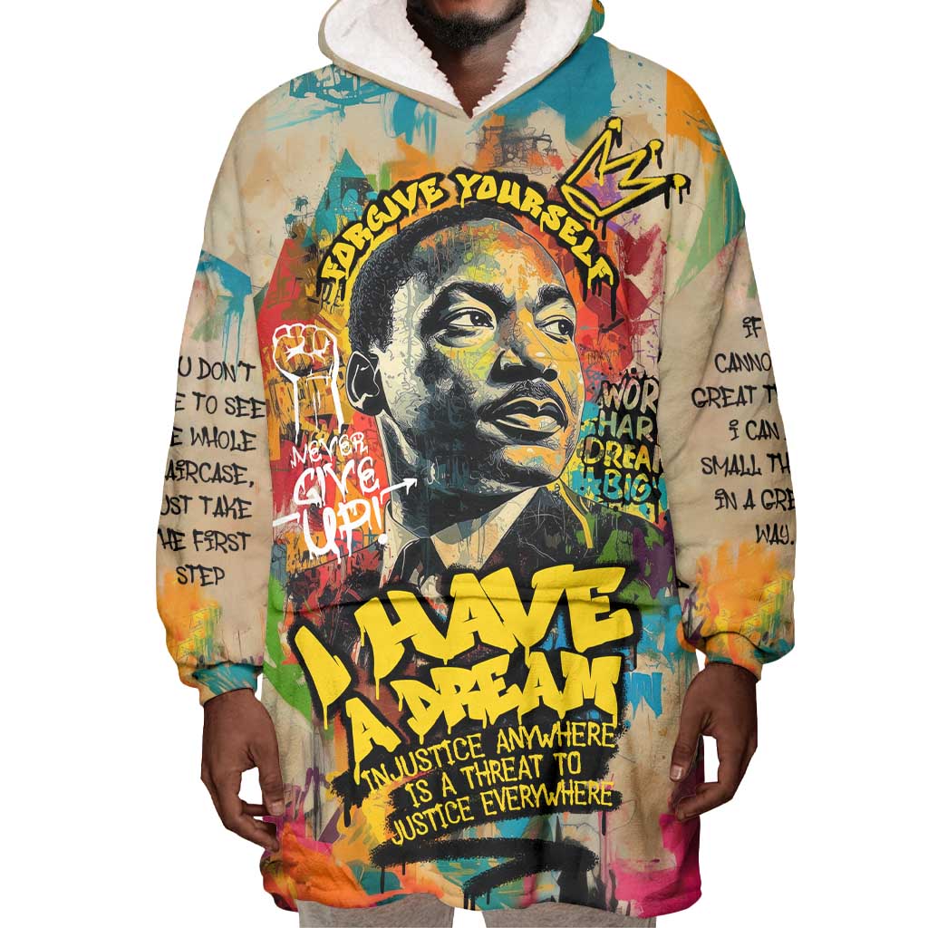 Martin Luther King Graffiti Afro Wearable Blanket Hoodie Colorful Spray Paint Quotes and Crown - African Pride