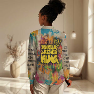 Martin Luther King Graffiti Afro Women Casual Shirt Colorful Spray Paint Quotes and Crown - African Pride