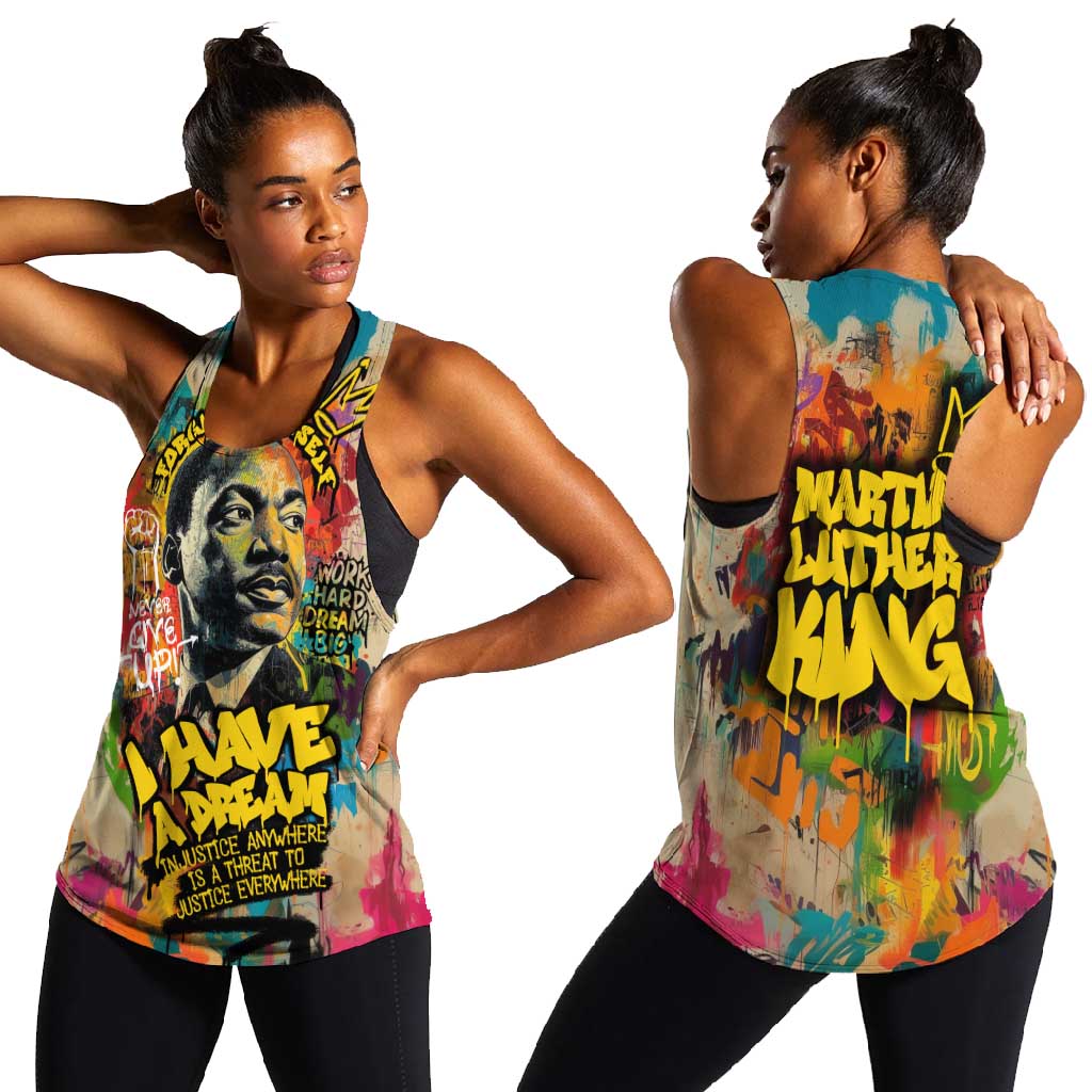 Martin Luther King Graffiti Afro Women Racerback Tank Colorful Spray Paint Quotes and Crown - African Pride