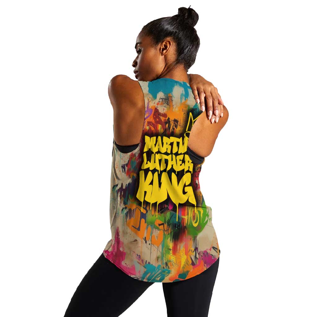Martin Luther King Graffiti Afro Women Racerback Tank Colorful Spray Paint Quotes and Crown - African Pride