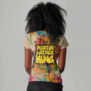 Martin Luther King Graffiti Afro Women V-Neck T-Shirt Colorful Spray Paint Quotes and Crown - African Pride