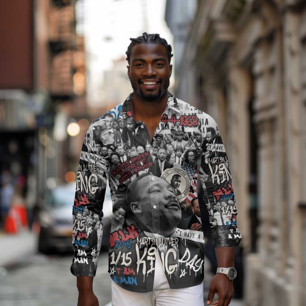 Martin Luther King Day Afro Long Sleeve Button Shirt Civil Rights Leader - Classic American Street Graffiti - African Pride