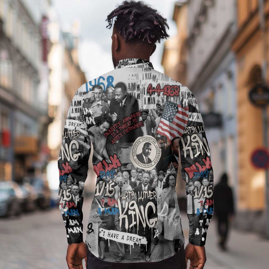 Martin Luther King Day Afro Long Sleeve Button Shirt Civil Rights Leader - Classic American Street Graffiti - African Pride