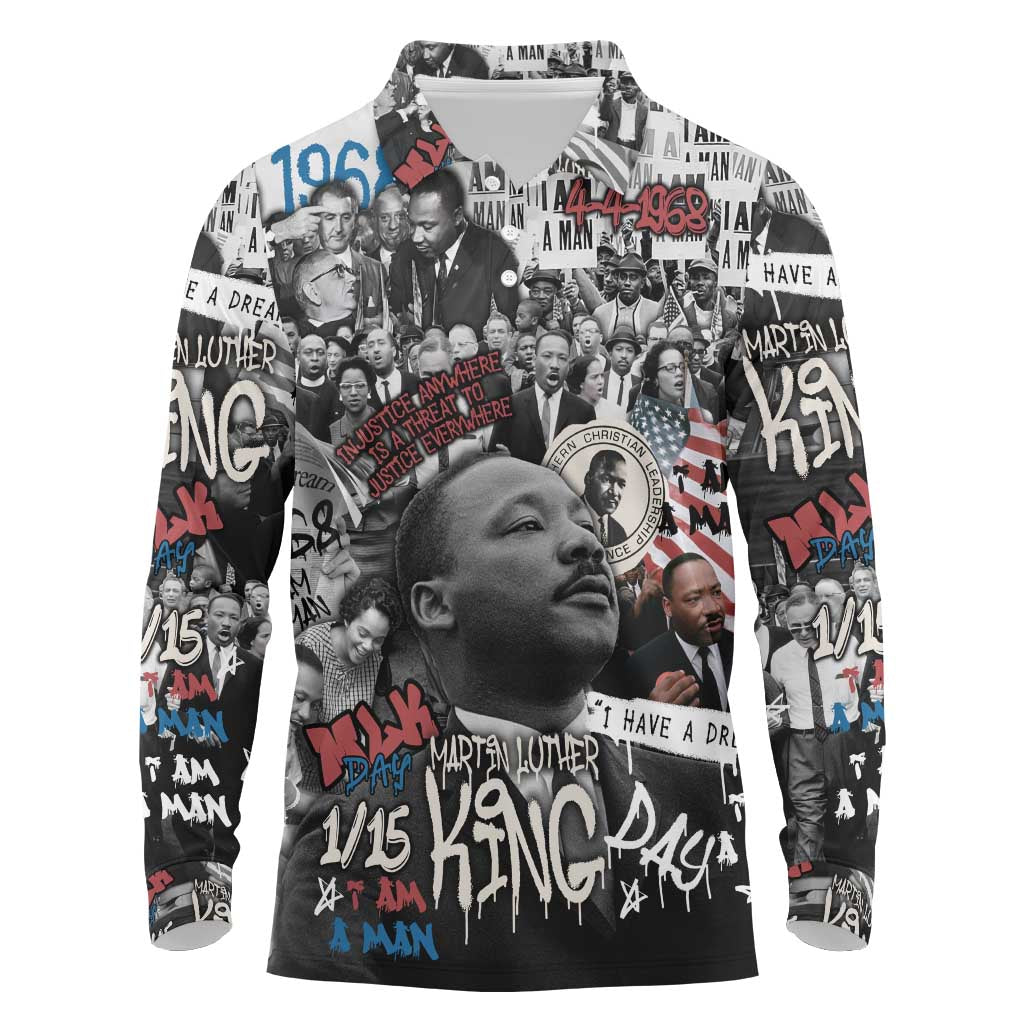 Martin Luther King Day Afro Long Sleeve Polo Shirt Civil Rights Leader - Classic American Street Graffiti - African Pride