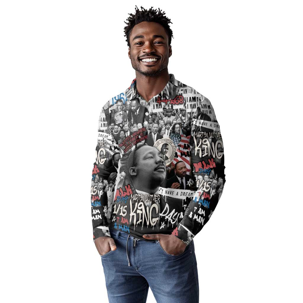 Martin Luther King Day Afro Long Sleeve Polo Shirt Civil Rights Leader - Classic American Street Graffiti - African Pride