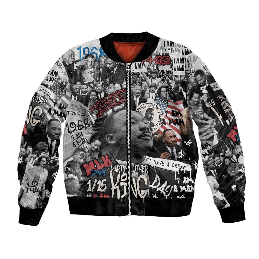 Martin Luther King Day Afro Sleeve Zip Bomber Jacket Civil Rights Leader - Classic American Street Graffiti - African Pride