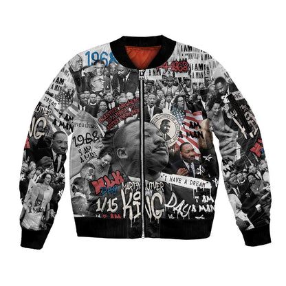 Martin Luther King Day Afro Sleeve Zip Bomber Jacket Civil Rights Leader - Classic American Street Graffiti - African Pride