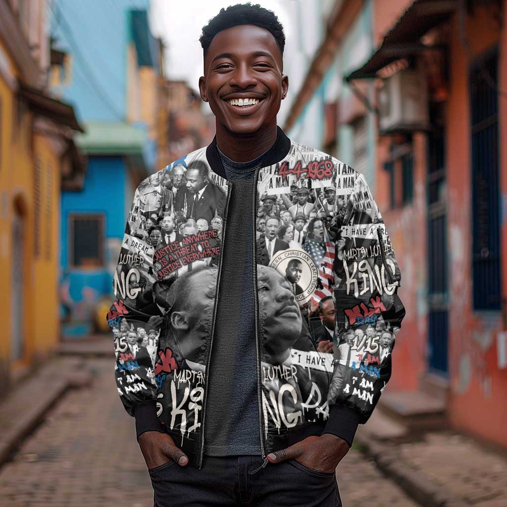 Martin Luther King Day Afro Sleeve Zip Bomber Jacket Civil Rights Leader - Classic American Street Graffiti - African Pride