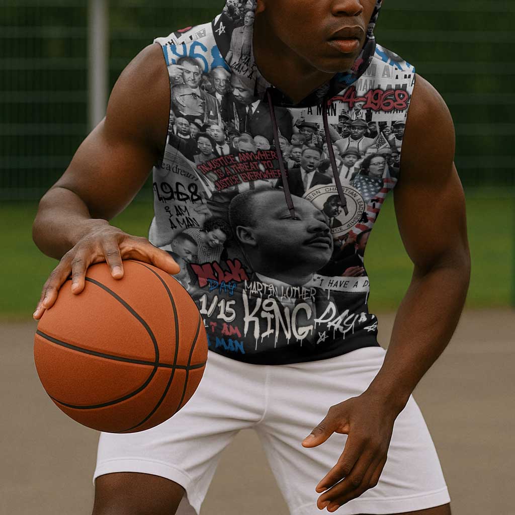 Martin Luther King Day Afro Sleeveless Hoodie Civil Rights Leader - Classic American Street Graffiti - African Pride