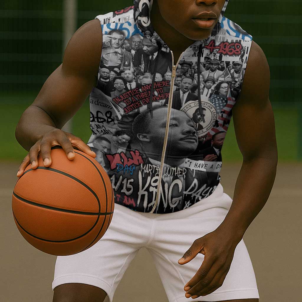 Martin Luther King Day Afro Sleeveless Zip Hoodie Civil Rights Leader - Classic American Street Graffiti - African Pride