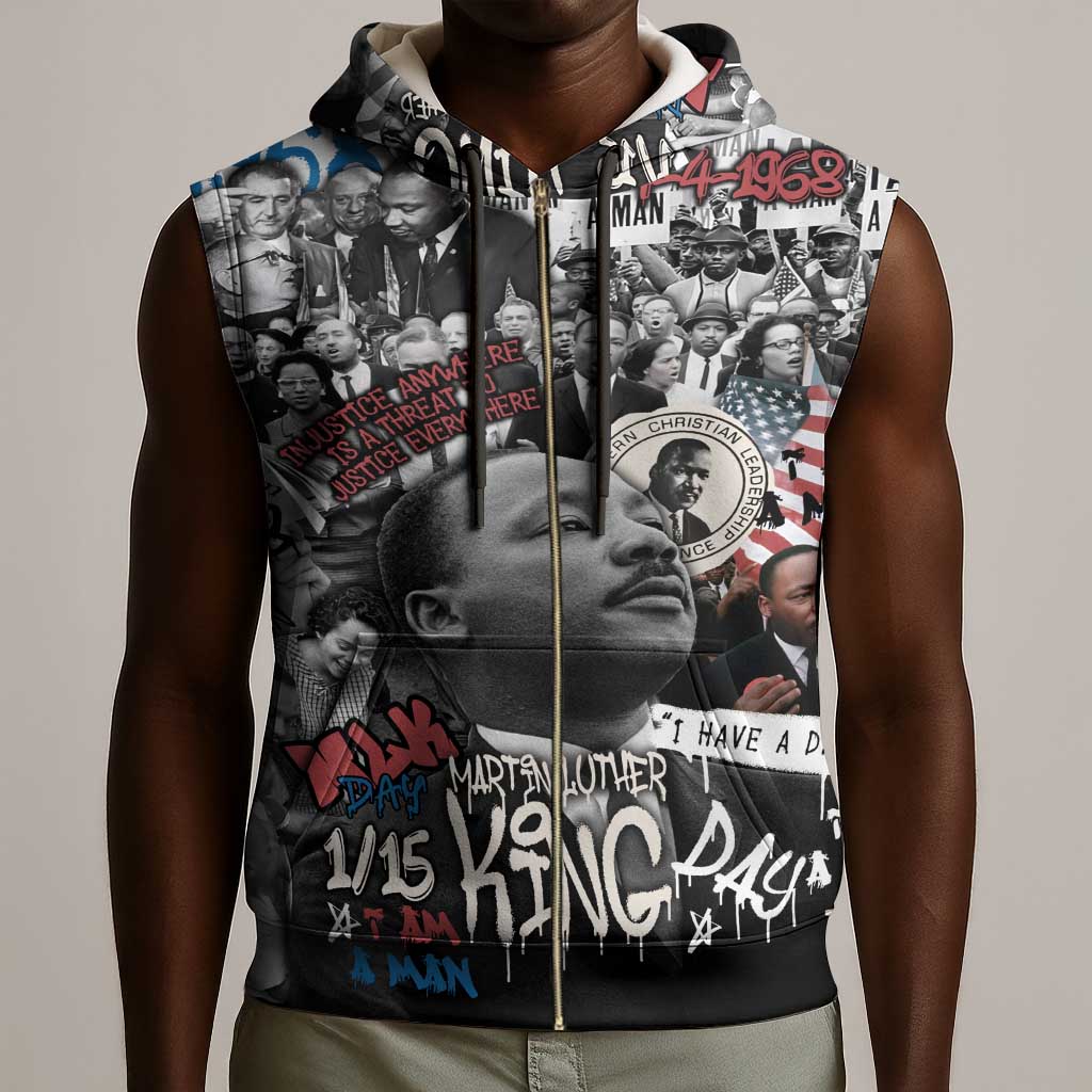 Martin Luther King Day Afro Sleeveless Zip Hoodie Civil Rights Leader - Classic American Street Graffiti - African Pride