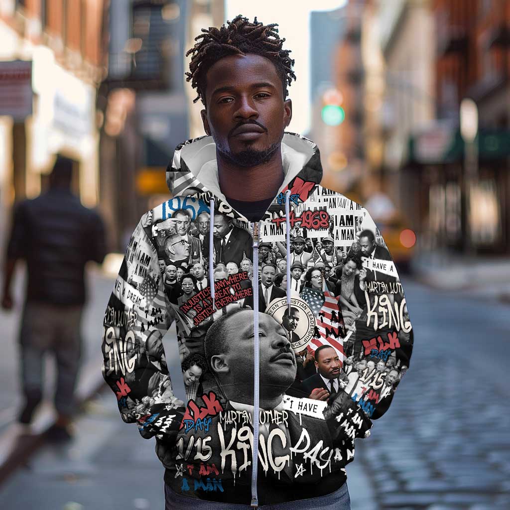 Martin Luther King Day Afro Zip Hoodie Civil Rights Leader - Classic American Street Graffiti - African Pride