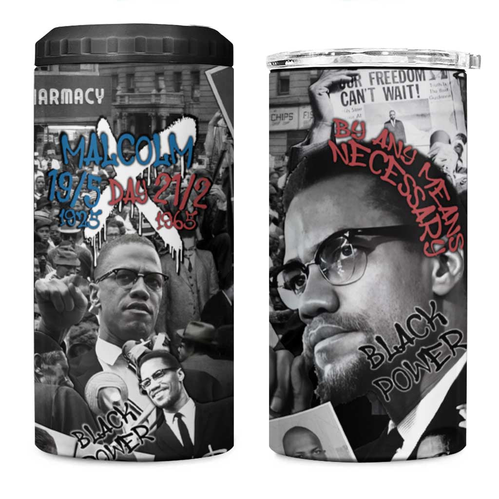 Afro Malcolm X 4 in 1 Can Cooler Tumbler Quotes Dates and Black History Activist Theme - African Pride