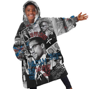 Afro Malcolm X Kid Wearable Blanket Hoodie Quotes Dates and Black History Activist Theme - African Pride