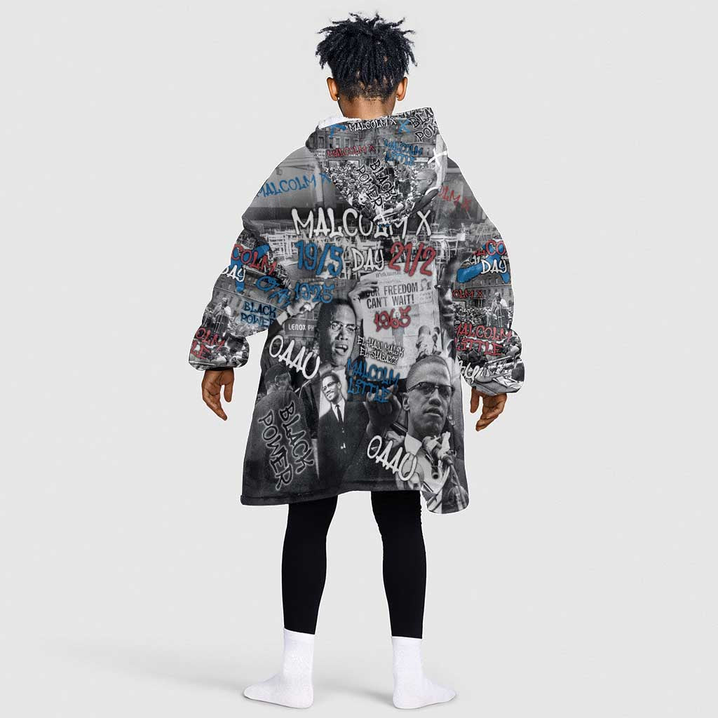 Afro Malcolm X Kid Wearable Blanket Hoodie Quotes Dates and Black History Activist Theme - African Pride