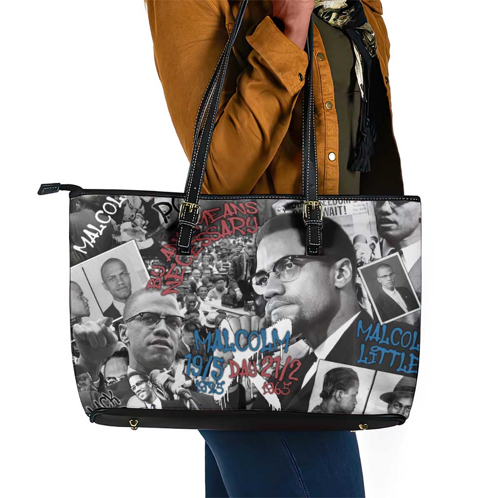 Afro Malcolm X Leather Tote Bag Quotes Dates and Black History Activist Theme - African Pride
