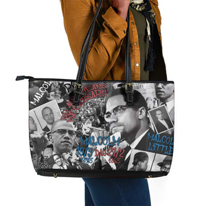 Afro Malcolm X Leather Tote Bag Quotes Dates and Black History Activist Theme - African Pride