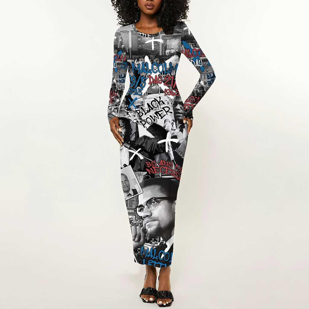 Afro Malcolm X Long Sleeve Bodycon Dress Quotes Dates and Black History Activist Theme - African Pride