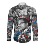 Afro Malcolm X Long Sleeve Button Shirt Quotes Dates and Black History Activist Theme - African Pride