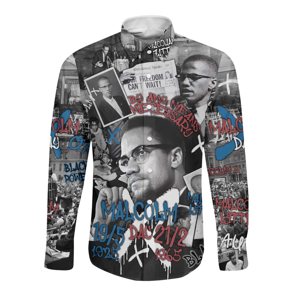 Afro Malcolm X Long Sleeve Button Shirt Quotes Dates and Black History Activist Theme - African Pride