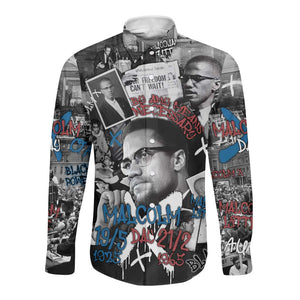 Afro Malcolm X Long Sleeve Button Shirt Quotes Dates and Black History Activist Theme - African Pride