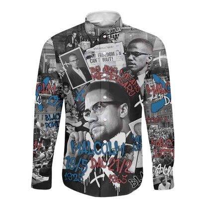 Afro Malcolm X Long Sleeve Button Shirt Quotes Dates and Black History Activist Theme - African Pride
