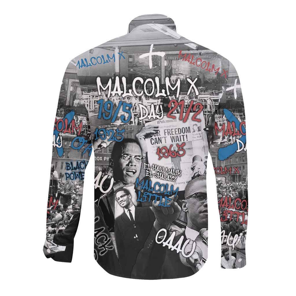 Afro Malcolm X Long Sleeve Button Shirt Quotes Dates and Black History Activist Theme - African Pride