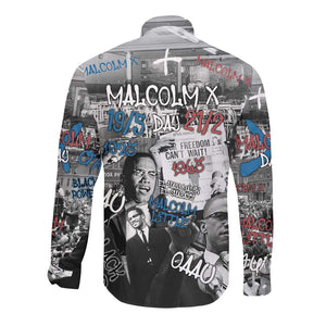 Afro Malcolm X Long Sleeve Button Shirt Quotes Dates and Black History Activist Theme - African Pride