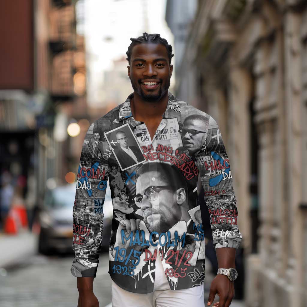 Afro Malcolm X Long Sleeve Button Shirt Quotes Dates and Black History Activist Theme - African Pride